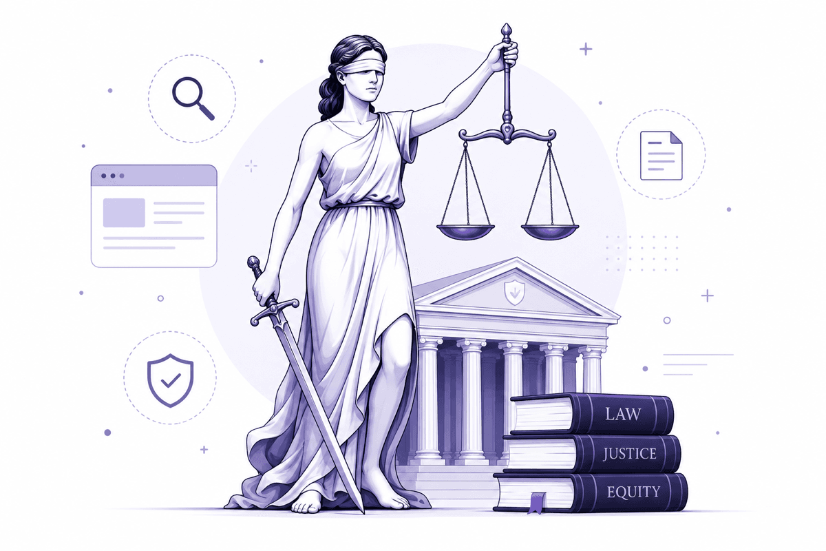 Lady Justice with scales and sword beside a courthouse and law books